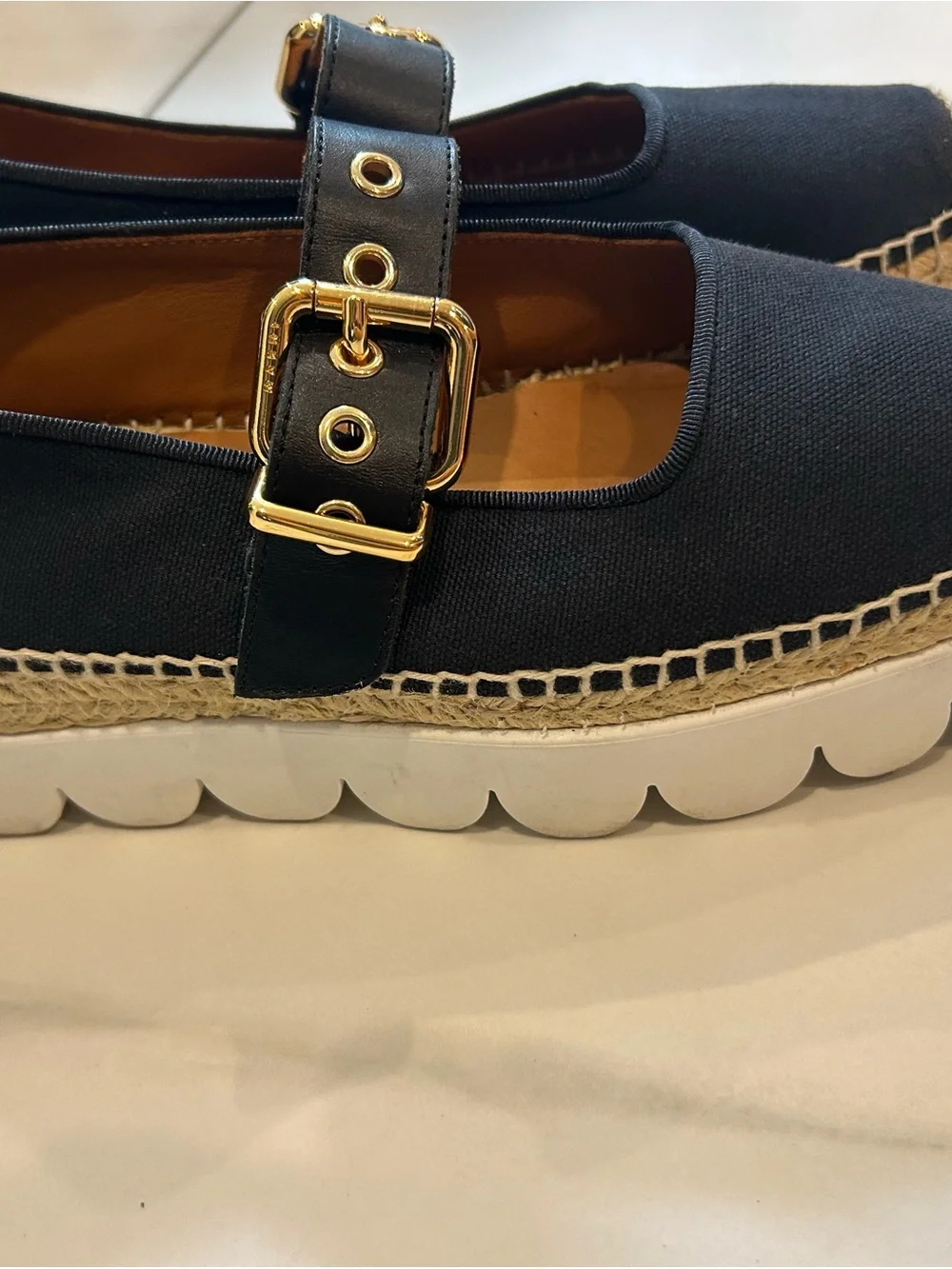 Marni Black Espadrille Mary Jane Flats with Gold Buckles